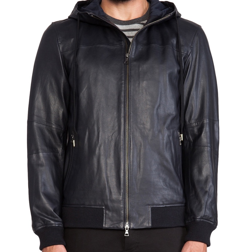 Vince Hooded Leather Jacket - Dark Navy Blue | L
